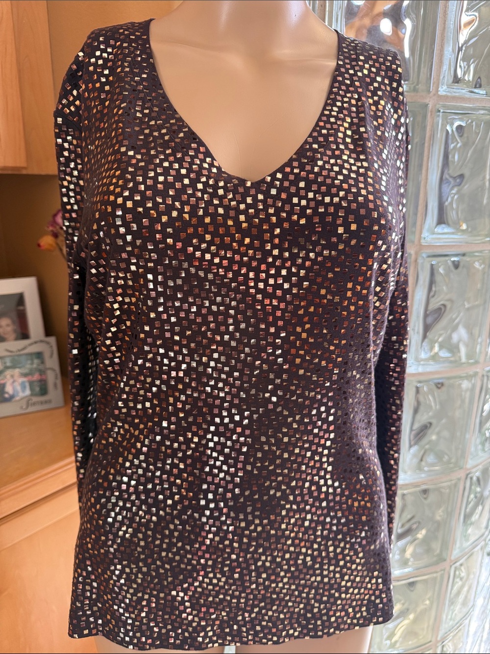 St. John V-Neck in Deep Brown w/Gold and Bronze sequins Luxe Blouse Sz. S